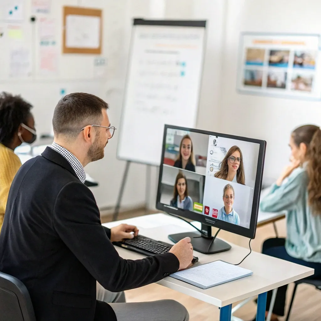 A French instructor teaching a virtual class